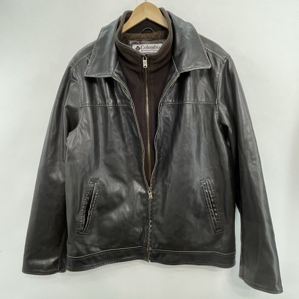 Columbia Faux Leather Bomber Jacket Aviator Distressed‎ Full Zip Brown Mens L